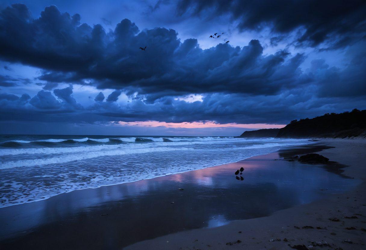 A hauntingly beautiful beach scene under a twilight sky, featuring ethereal models in unique, dark-themed swimwear with melancholic designs. Soft waves lap at their feet, and ghostly seashells litter the shore, adding to the eerie atmosphere. Silhouettes of wandering crows and distant storm clouds enhance the mood. The color palette should evoke shades of deep blues, purples, and blacks for a surreal effect. surrealistic. moody colors. soft focus.