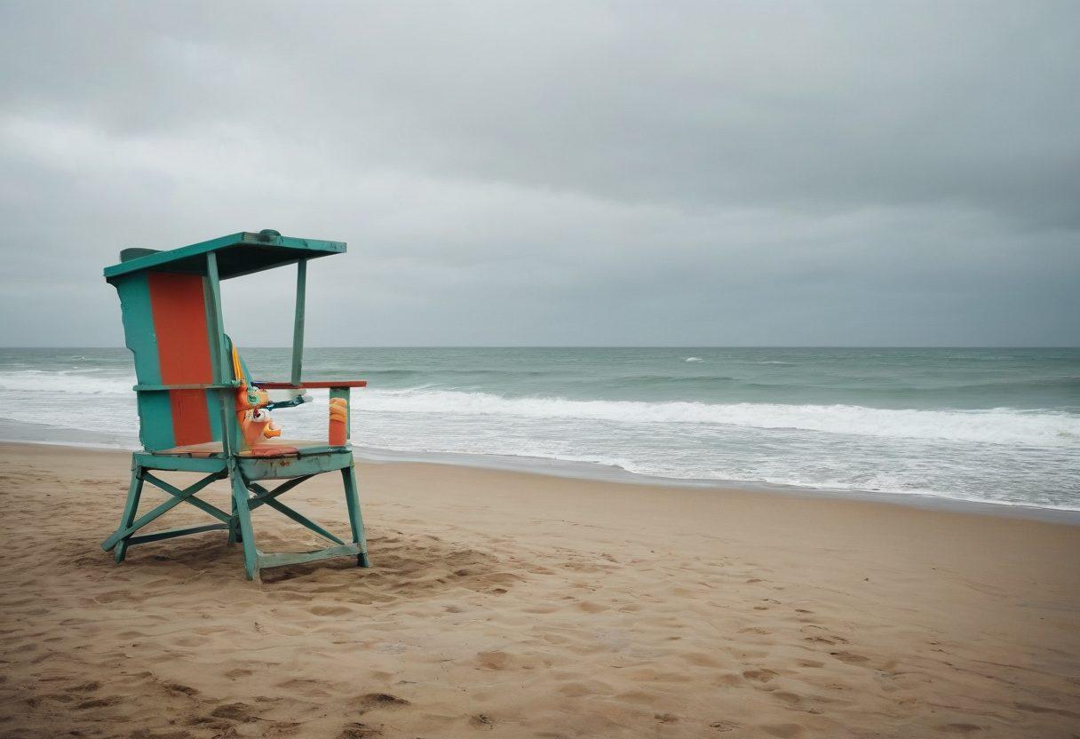 A desolate beach scene with overcast skies, featuring an array of quirky, mismatched bathing suits hanging on a lifeguard chair. Include sad-looking sea creatures in the waves and a solitary figure, dressed in a colorful but melancholic swimsuit, gazing at the horizon. The sand is littered with forgotten beach toys, enhancing the feeling of abandonment. Emphasize a muted color palette to capture the gloomy atmosphere. whimsical art style. soft focus.